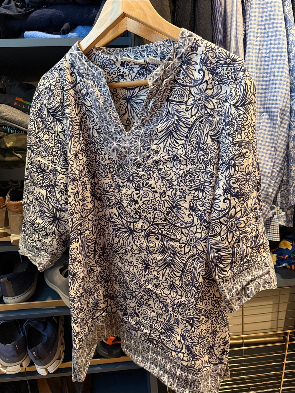 Sigrid Olsen White Tunic with Navy Paisley Print